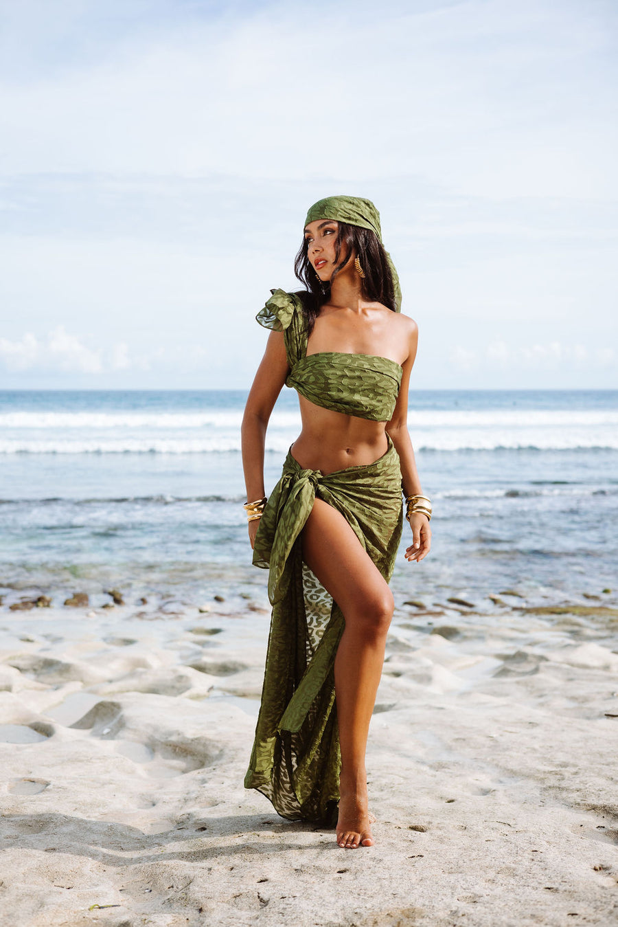Palma Sarong (2 Scarves For Full Look) - Olive Leopard
