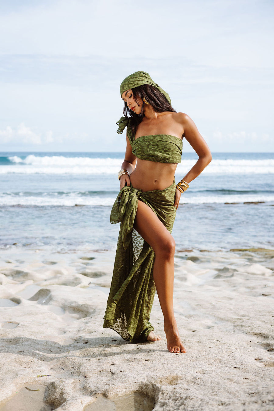 Palma Sarong (2 Scarves For Full Look) - Olive Leopard